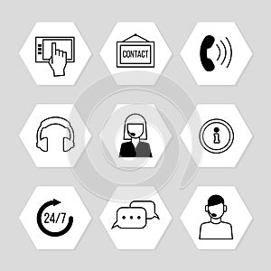 Contact centre or online support icons set