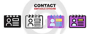 Contact icon set with different styles. Editable stroke style can be used for web, mobile, ui and more