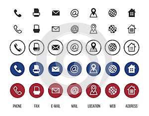 Contact icons. Business card vector symbols collection. Information icons, location, address, mail, fax, web set
