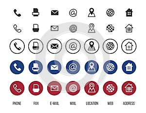 Contact icons. Business card vector symbols collection. Information icons, location, address, mail, fax, web set photo