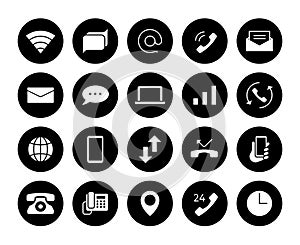 Contact icons. Phone communication pictograms. Email and text message symbols. Mail and call black silhouette signs set