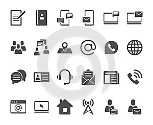 Contact icons. Telephone contacts silhouette, address book icon and email pictogram vector set