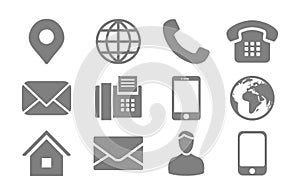 Conjunto compuesto por iconos ubicación teléfono, teléfono móvil persona a correo electrónico iconos 