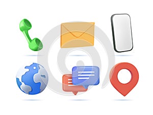 Contact information 3D icons, vector for business card and website. Communication icon set. Phone, email, location pin