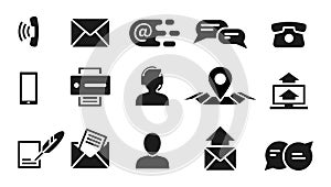 Contact information icons. Black finance website, business or social media or mobile support symbols. Isolated interface
