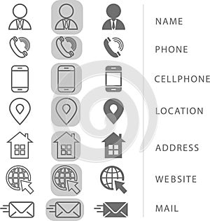 Contact information icons for business cards and websites.