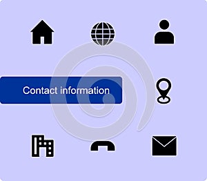 Contact information icons set. Contact us icon. Home, house, web, website, globe, user, man, people, pin, map, location, factory,