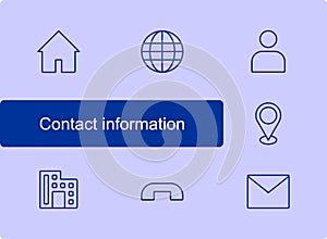 Contact information icons set. Contact us icon. Home, house, web, website, globe, user, man, people, pin, map, location, factory,