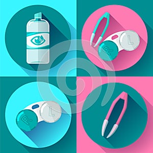Contact lens case. Container, daily solution and tweezers, for contact lenses