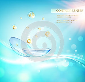 Contact lens concept with water wave flows over a blue background and two eye lenses.