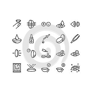 Contact lens flat line icons set. Ophthalmology, lens care, eye anatomy, contact lenses, medical tools. Simple flat vector
