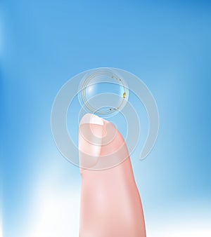 Contact lens with high-tech chip resting on a finger. Technology of the future