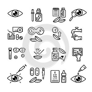 Contact lens and ophtalmology line icons