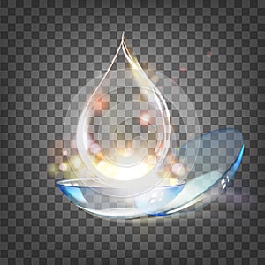 Contact lens over the black transparent background. Abstract illustration with eye care lenses and water drop.