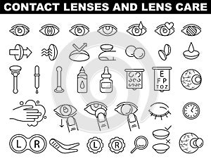 Contact lens simple black and white line icons. Protection container