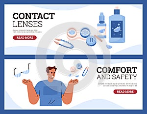 Contact lenses advertising web banners set, flat vector illustration.