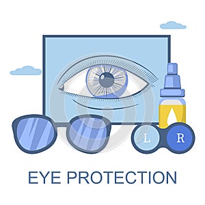 Contact lenses, eye drops, glasses, vector illustration. Vision correction, eye protection, ophthalmology.