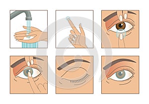 Contact lenses. Instruction how to put on lenses. 5 steps. Wash your hands, take a lens, check the position of the lens