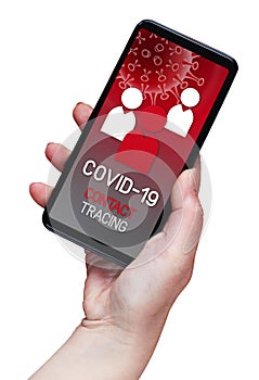 Contact Tracing COVID-19 Corona Virus Tracking App concept, hand holding cell phone with application design on screen isolated on