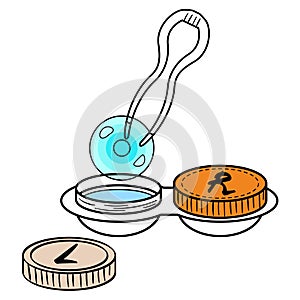 Contact tweezer lift the contact lens out of the container. Contact lens tools. Lens solution. Vector image isolated