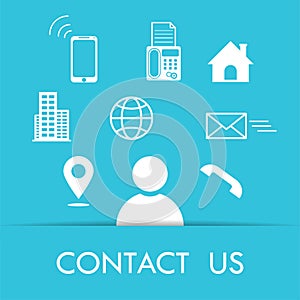 Contact us Business information icon. White icon isolated on light blue background.