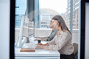 Contact us, call center and telemarketing of business woman with web help conversation at computer. Customer service