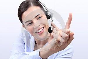 Contact us, customer service operator woman with headset