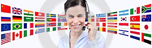 Contact us, customer service operator woman with headset smiling