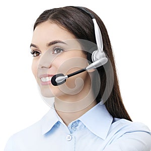 Contact us, customer service operator woman with headset smiling