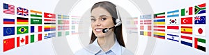 Contact us, customer service operator woman with headset smiling