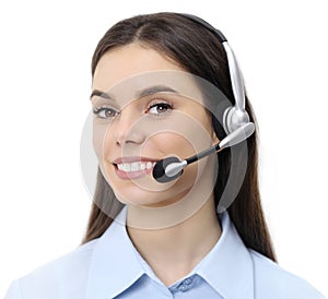 Contact us, customer service operator woman with headset smiling