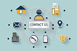 Contact us. Flat design business data icon concept. Concept for web banner. Address, Email, Location, Phone, Smartphone, Fax.