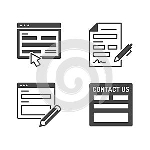 Contact us flat glyph icons. Vector illustration included icon as registration form, silhouette pictogram of web page