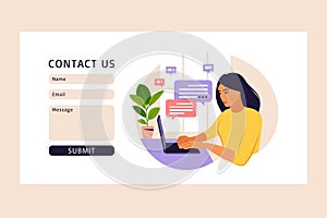 Contact us form template for web. Freelancer girl working at home on laptop. Online customer support, help desk concept and call