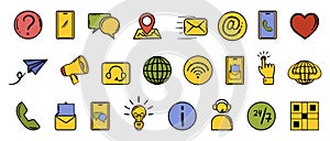 Contact us icon collection in hand drawn doodle line and color style. Vector set with customer support symbols - chat