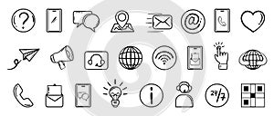Contact us icon collection in hand drawn doodle outline style. Vector set with customer support black and white symbols