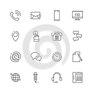 Contact us icon. Internet website business symbols for contact or support page telephone envelope map vector thin line