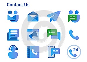 contact us icon set collection from email call hone web form message smartphone chat and text mail envelope symbol blue