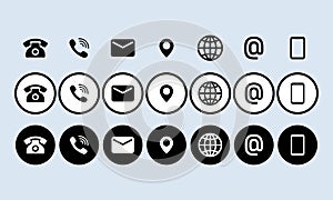 Contact us icon set. Communication symbol for your web site design, logo, app, UI. Contact us button. Mail, phone, globe, address