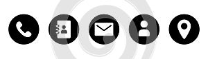 Contact us icon set. Support icons. Contact icon in circle. Phone symbol. Location pointer in black. Phone book symbol