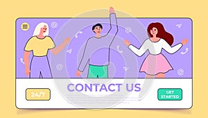 Contact us landing page. Happy business team on purple background. Customer service concept illustrations. Live support center.