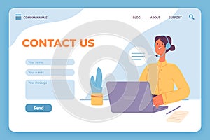 Contact us landing page. Website customer service, female operator with laptop and email feedback form. Online call