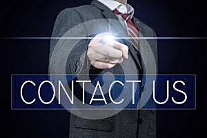 Contact us - lettering, businessman pointing finger