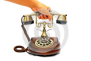 Contact Us Now, customer client hand picking pick up Brass Receiver of Vintage Antique Wooden Phone to call business vendor