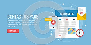 Contact us page - inquiry form - email contact - map concept. Flat design vector banner.