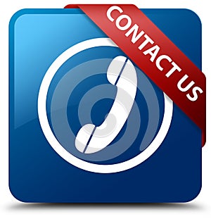 Contact us (phone icon) blue square button red ribbon in corner