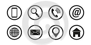 Contact us . Set of flat icon. Web vector illustration. Black buttons on white background.Set of contact icons