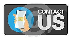 CONTACT US sign or sticker with hand holding smartphone