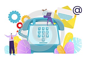 Contact us support service, tiny character sitting landline phone work laptop, user maintenance flat vector illustration