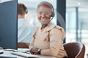 Contact us, telemarketing and black woman in a call center for customer support, helping and talking to clients